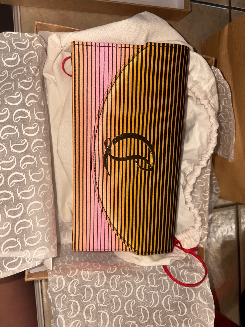 Christian Louboutin Pink and Yellow Striped Chevron Crossbody Wallet